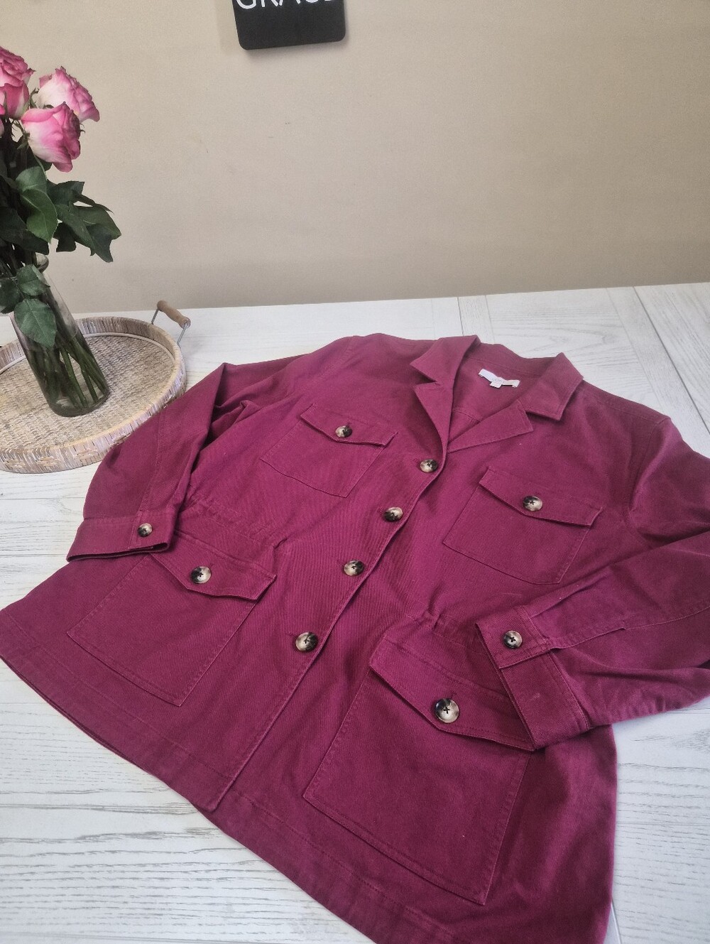 LOFT womans red Denim Button Jacket With Adjustable Waist Size XL